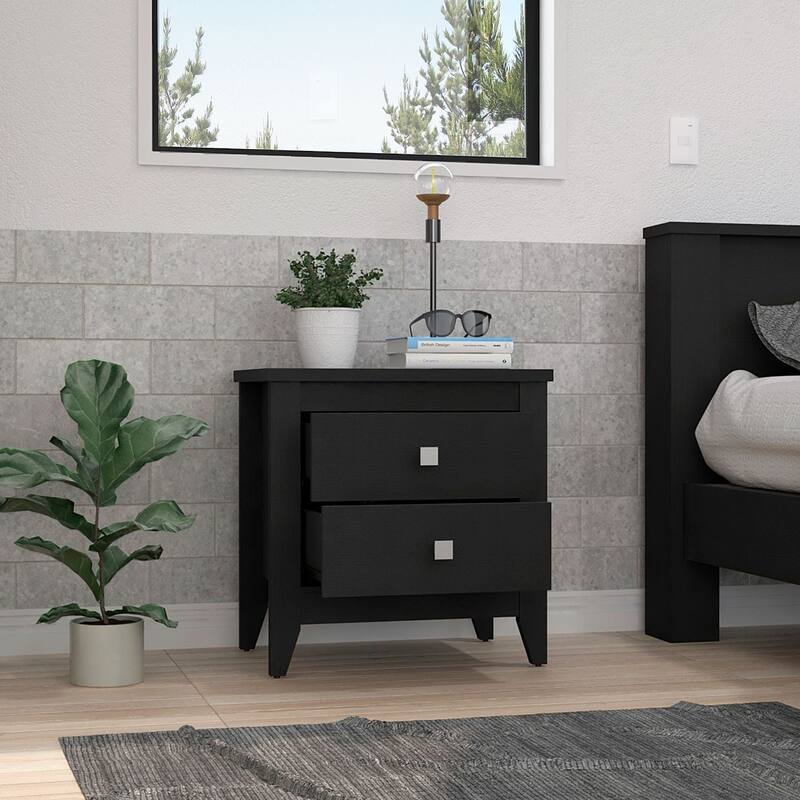 Black Nightstand with Two Drawers and Durable Top