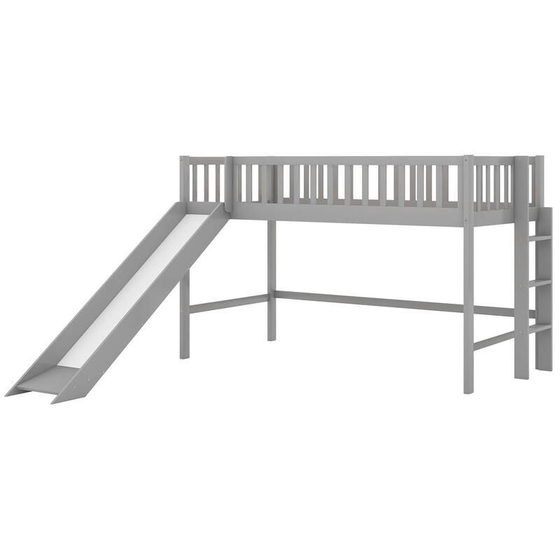Twin Size Low Loft bed with Ladder and Slide, Gray