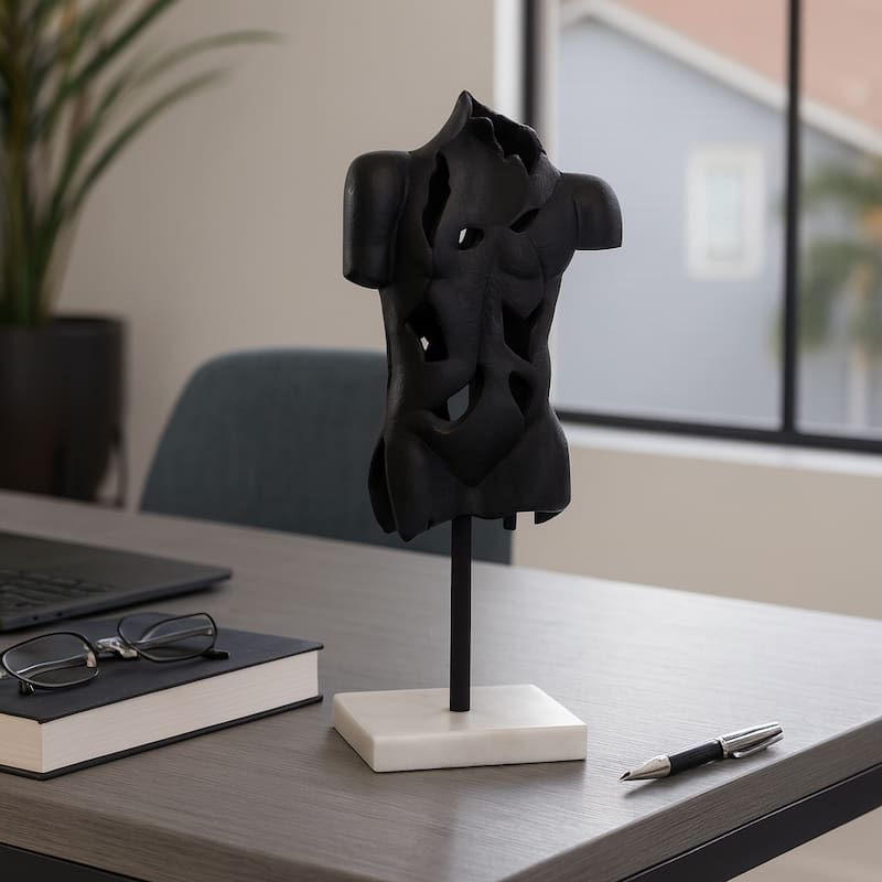 Black Abstract Torso Sculpture on Marble Base - Decorative Objects for Home Decor - 8" x 3.5" x 16.5"
