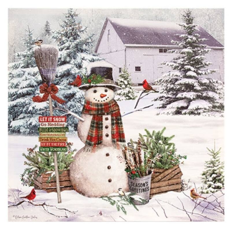 18" Square Festive Snowman Canvas Print with Evergreen Trees and Holiday Seasonal Greetings Decor - 18" H x 18" W x 1" D