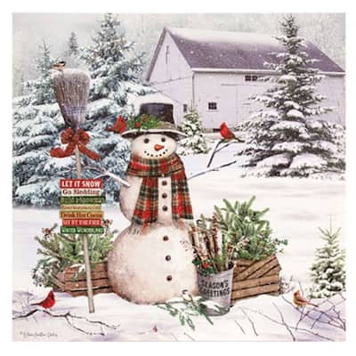 18" Square Festive Snowman Canvas Print with Evergreen Trees and Holiday Seasonal Greetings Decor - 18" H x 18" W x 1" D