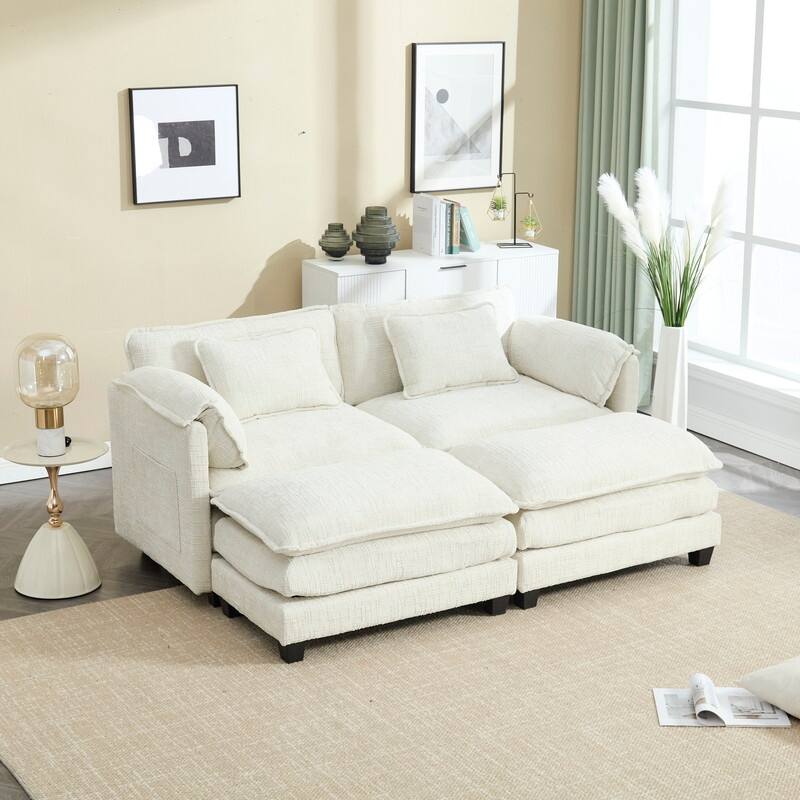 76.77" Chenille Upholstered Sofa with 2 Ottomans