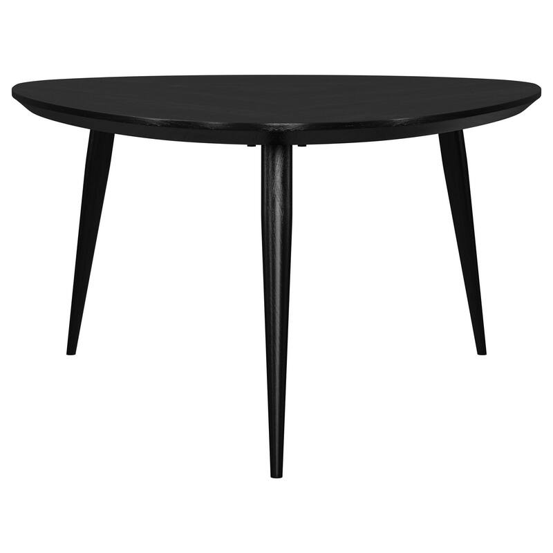 Deso Coffee Table, 39 Inch Triangular Black Mango Wood, Metal Legs