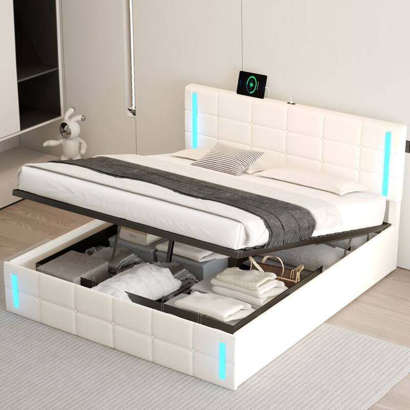Queen Size Upholstered Bed with LED Lights,Hydraulic Storage System and USB Charging Station - White