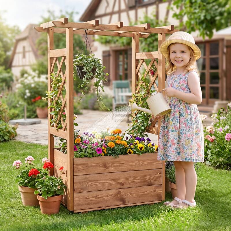 Gymax 2PCS Wooden Raised Garden Bed/ Lattice Trellises Hanging Roof