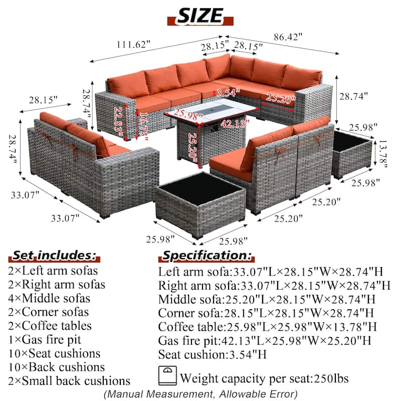 XIZZI 13-piece Patio Wicker Furniture Wide Armrest Set with Firepit