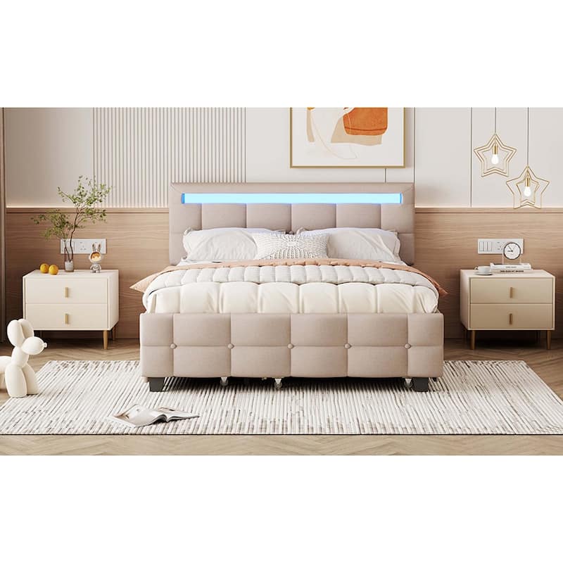 Platform Bed with LED Frame, Trundle & 2 Drawers