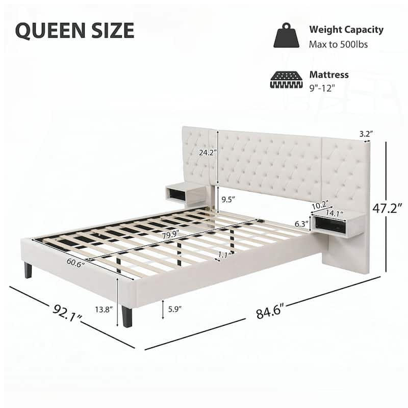 Velvet Upholstered Platform Bed with 2 Nightstands and diamond tufted
