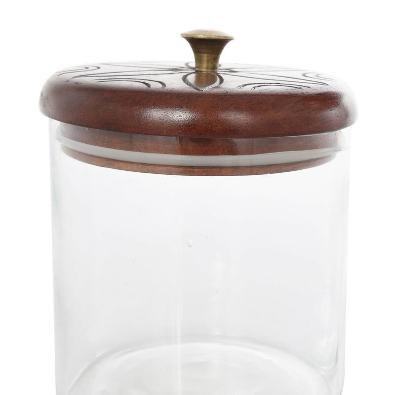 Glass Floral Carved Decorative Jars with Brown Wooden Lids and Gold Knobs - Set of 2 Clear - Roche River Decor - 5"W x 5"L x 9"H