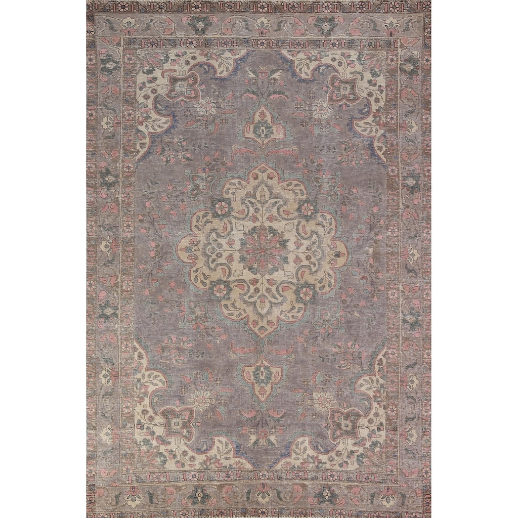 Gray Tabriz Persian Vintage Area Rug Handmade Wool Carpet - 6'8" x 9'7"