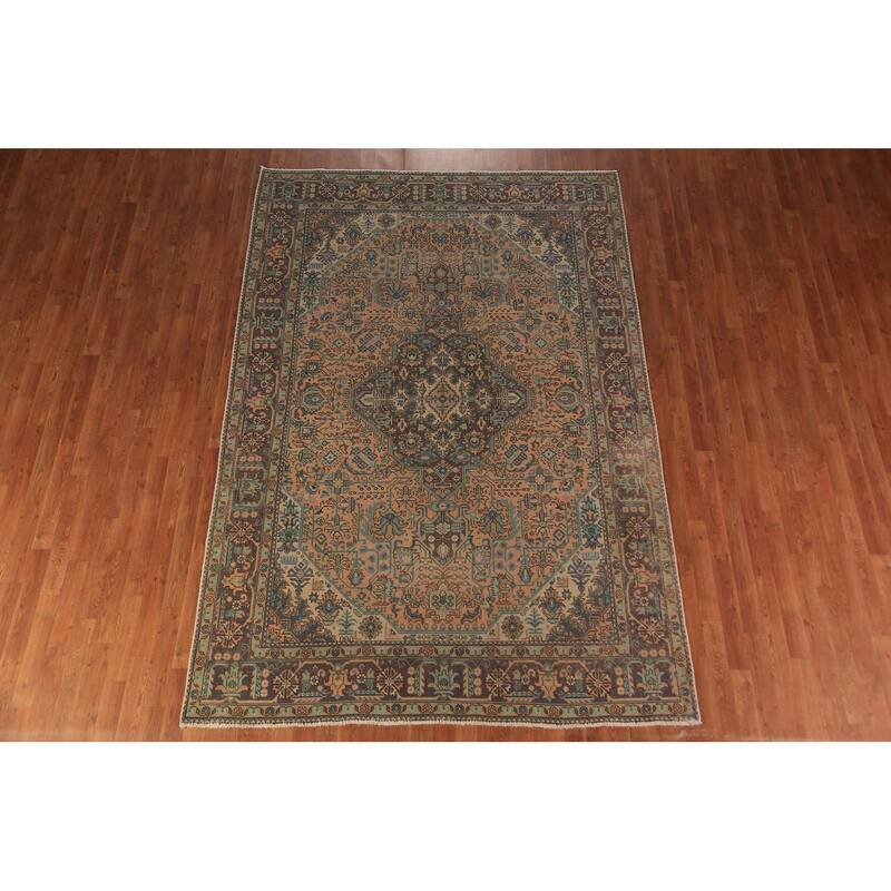 Handmade Tabriz Persian Vintage Area Orange Wool Carpet - 6'7" x 9'9"