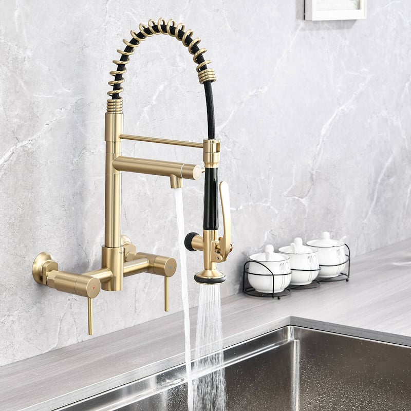 Dornberg Wall Mount Kitchen Faucet with Sprayer, 2 Handle Pull Down Faucet