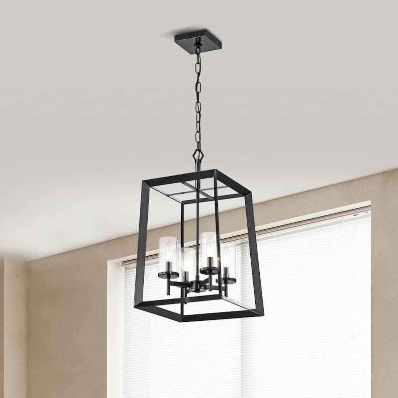 Antique Black 4-Light Farmhouse Lantern Pendant with Clear Glass Shades