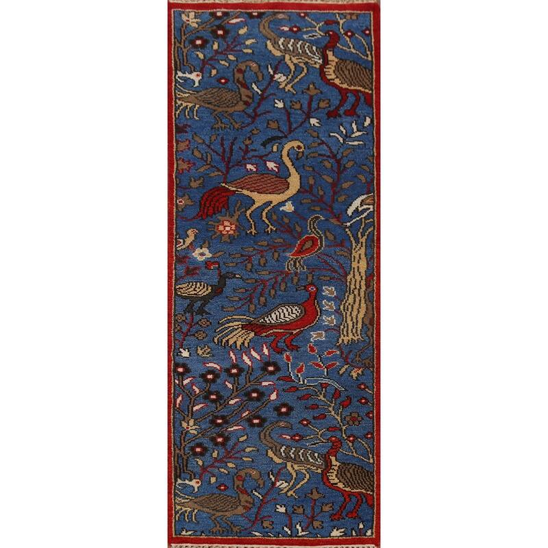 Animals Design Blue Ziegler Indian Runner Rug Hand-Knotted Wool Carpet - 2'6"x 7'11"