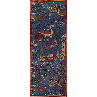 Animals Design Blue Ziegler Indian Runner Rug Hand-Knotted Wool Carpet - 2'6"x 7'11"