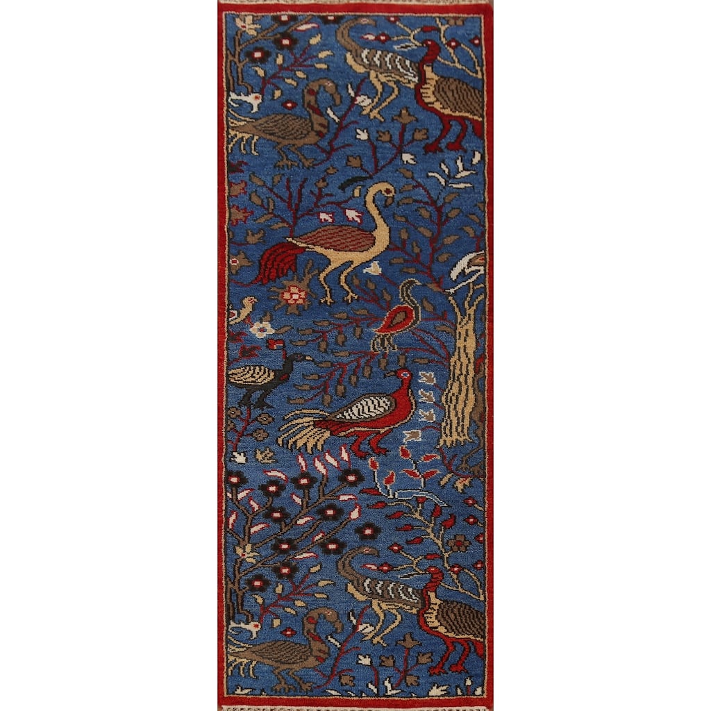 Animals Design Blue Ziegler Indian Runner Rug Hand-Knotted Wool Carpet - 2'6"x 7'11"