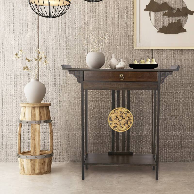 Gold Relief Dragon Totem Brown Console Table Entryway Table with Drawer and Bottom Shelf - 32.09x12.6x32.28''