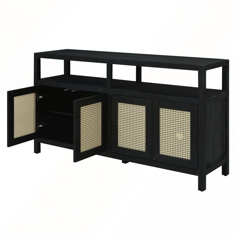 Rattan Buffet Storage Cabinet with Solid Wood Frame
