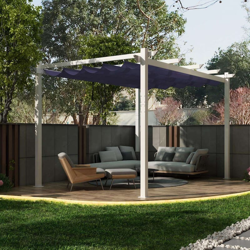 PURPLE LEAF Gazebo White Aluminium Outdoor Retractable Pergola with Canopy Cover - 10ft x 12ft - Navy Blue