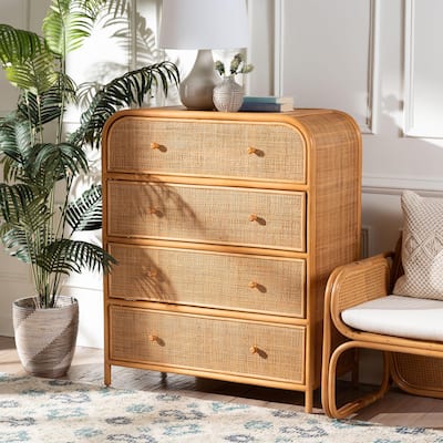 Sampit Natural Rattan 4-Drawer Storage Cabinet - Handwoven Cane Display Unit, Boho Coastal Accent for Hallway or Living Room