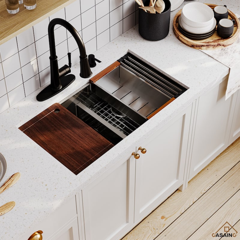 Stainless Steel Sink 33 in. 16-Gauge Double Bowl Undermount Workstation Kitchen Sink in Brushed with Accessories - 33" x 19"