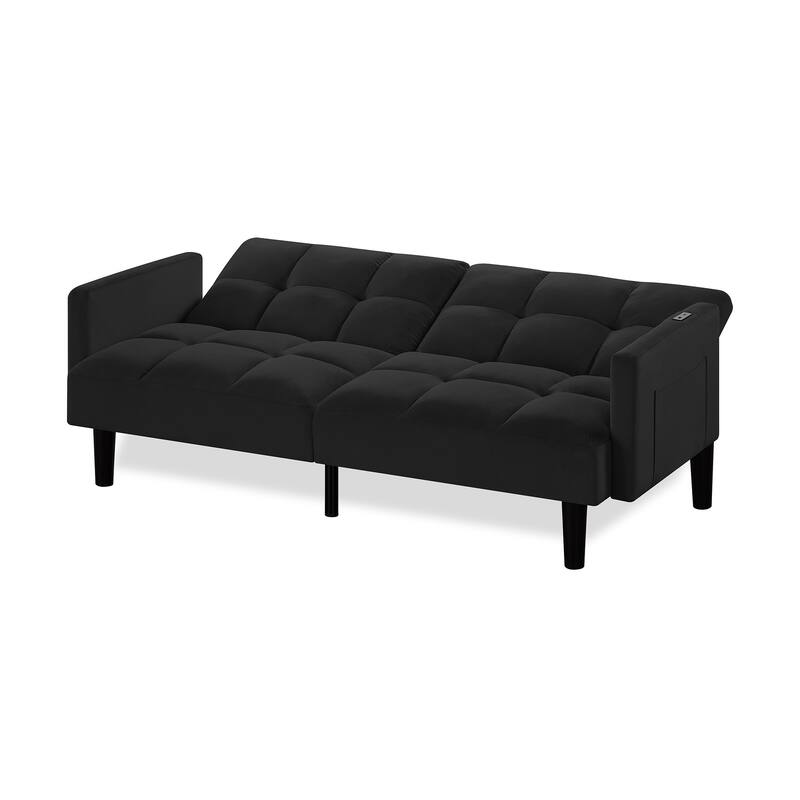 Versatile Adjustable Futon Couch Convertible Velvet Sleeper Sofa Bed with USB, Side Pockets, Chevron Tufting and Tapered Legs