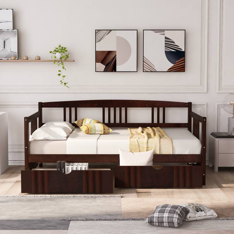 Daybed with Two Drawers, Solid Wood Frame, Guardrails, No Box Spring Needed - Espresso - Twin