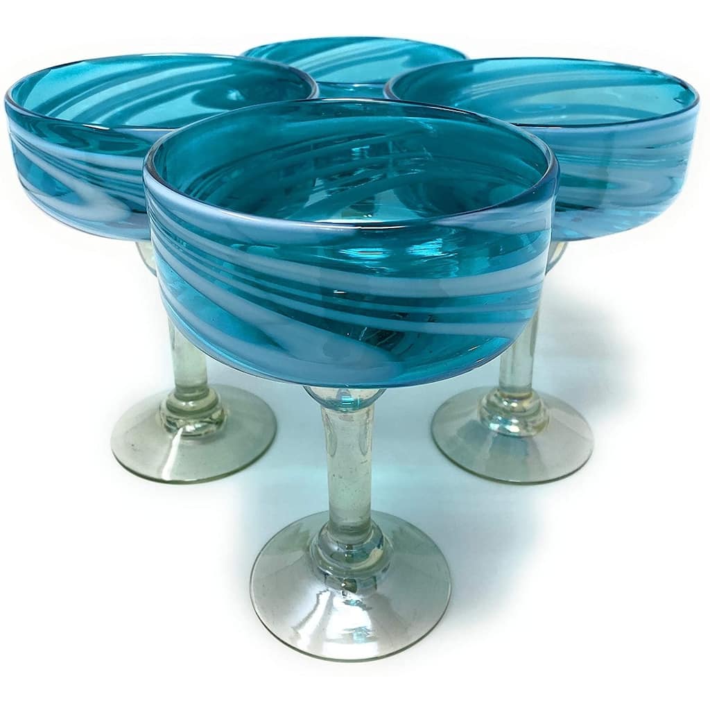 Dos Suenos Mexican Hand Blown Glass - Set of 4 Hand Blown Margarita Glasses Aqua Swirl (16 oz)