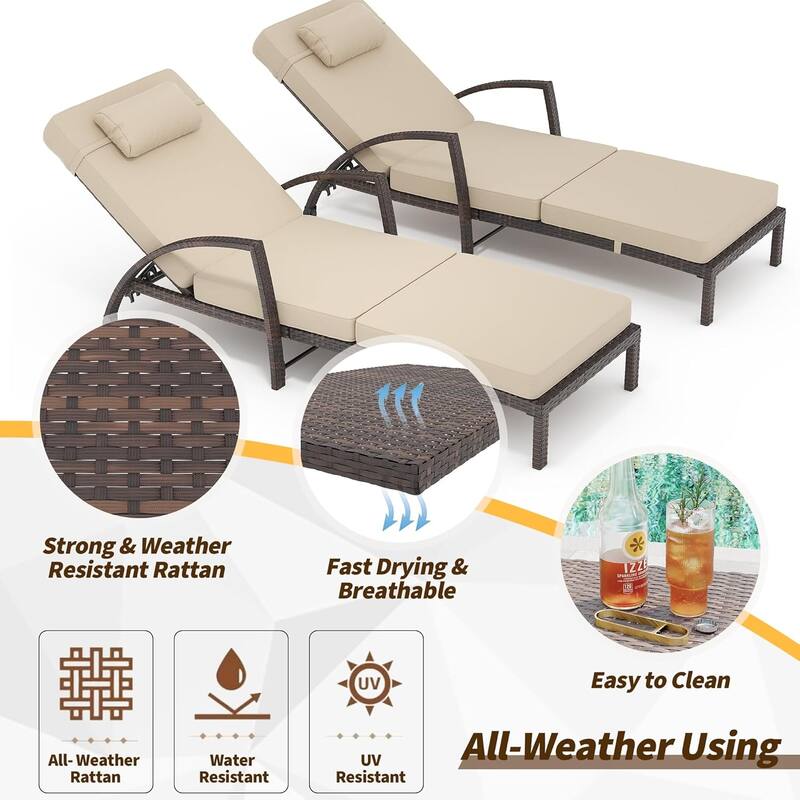 Outdoor Chaise Lounge Set of 2, PE Rattan Wicker
