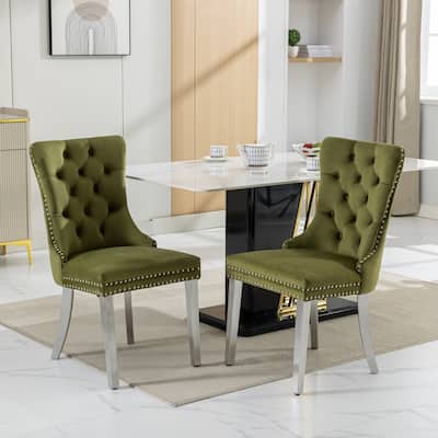 2PCS High-end Tufted Solid Wood Velvet Dining Chair with Stainless Steel Plating Legs,Nailhead Trim