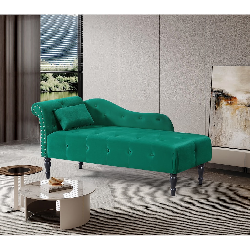 60.6" Velvet Chaise Lounge with Buttons Tufted, Nailhead Trimmed, Solid Wood Legs and 1 Pillow, Green