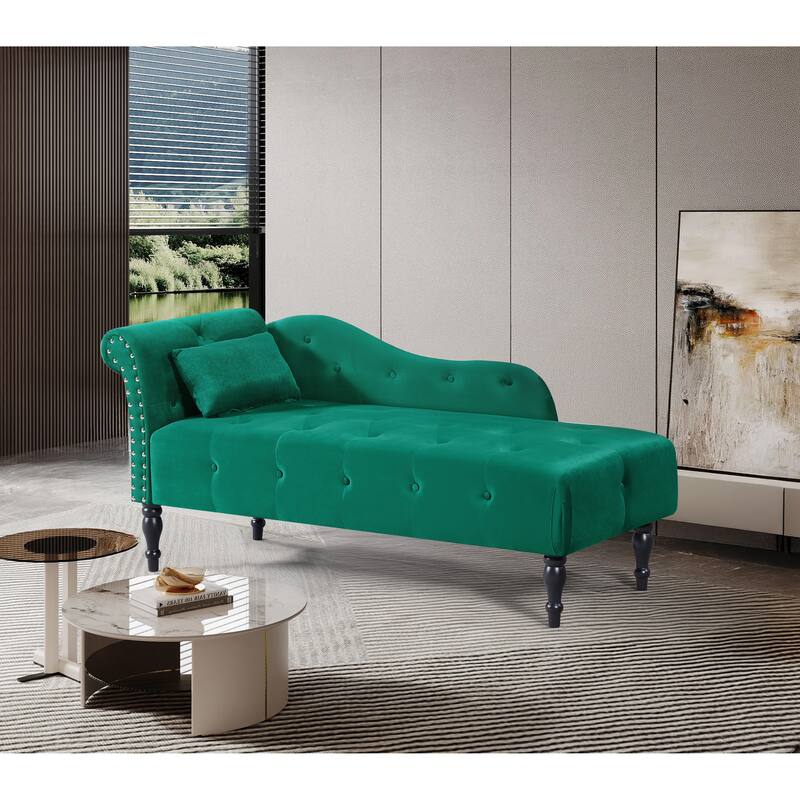 Velvet Chaise Lounge Buttons Tufted Nailhead Trimmed Solid Wood Legs with 1 Pillow(Left Arm Design as Shown in the Picture) - Green