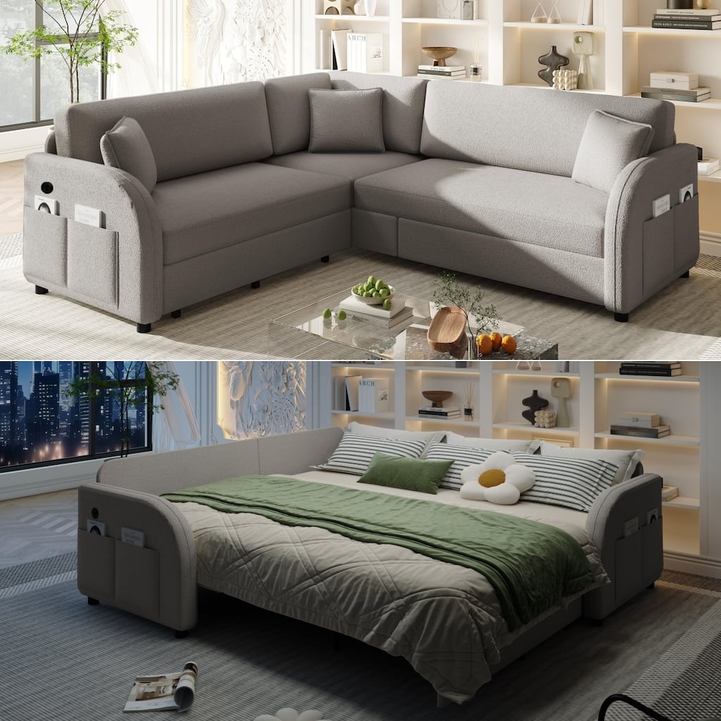 Sectional Sleeper Sofa with Pull Out Bed, Convertible Teddy Fabric Couch with Side Pockets & USB Ports, L Shaped Modular Couches