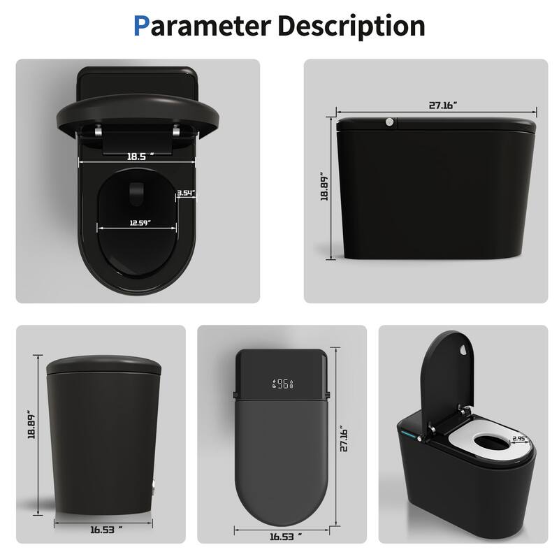 Smart Tankless Toilet with Built-in Bidet Auto Open/Close Lid, Heated Elongated Seat, Foot Sensor Flush, LED Display