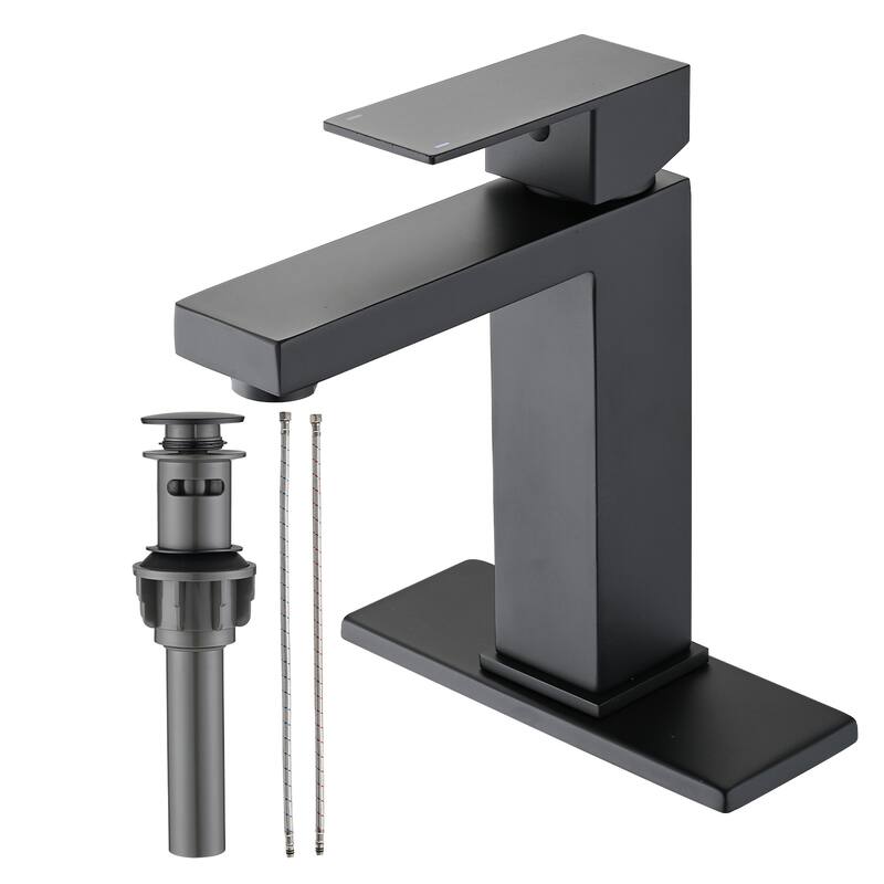 Modern Single Handle Bathroom Sink Faucet with Deck Plate and Drain Assembly, Fingerprint Resistant, Single Hole