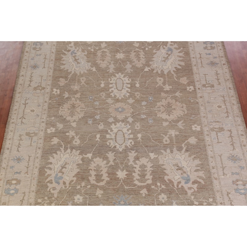 Hand Knotted Oriental 100% Wool Carpet Transitional Floral Brown Oushak Area Rug - 12' 0'' X 9' 4''