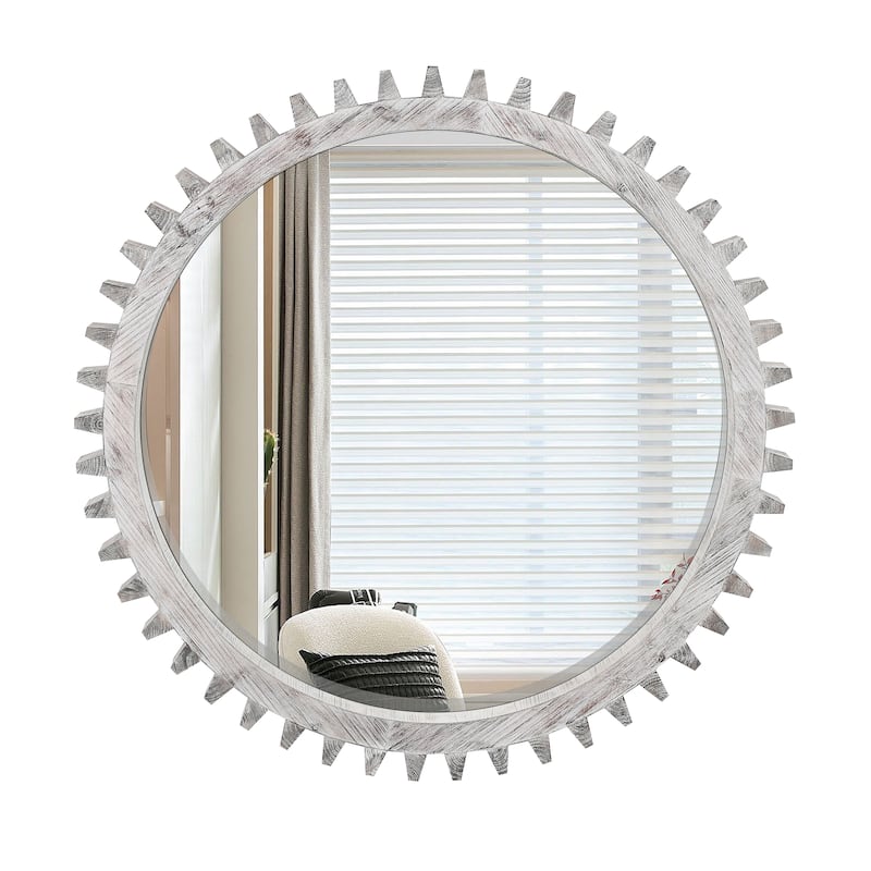 Vintage 34"x34"Wood Round Hanging Gear Shape Heavy Decorative Mirror For Bathroom Living Room Entryway Or Put Together