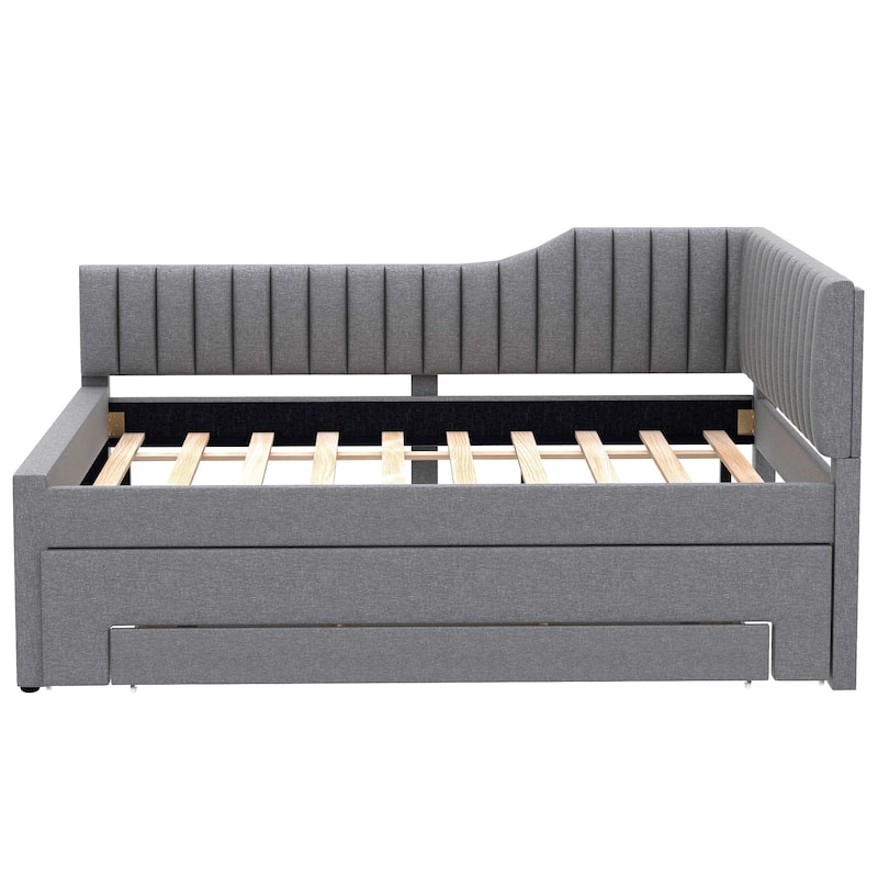 Daybed Captain Bed Upholstered Bed with Trundle and 3 Drawers, Elegance Stripe Design L-Shaped Upholstered Daybed Platform Bed