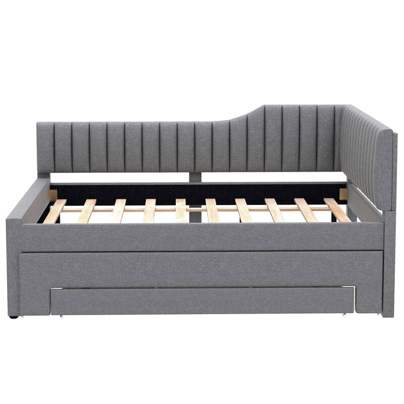Upholstered Linen Bed Frame, Full Size Daybed with Pull-out Trundle and Storage Three Drawers for Bedroom/Apartment