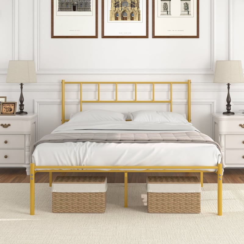 VECELO Victorian Style 14 Inch Metal Platform Bed Frame with Headboard, Heavy Duty Steel Slat Support, No Box Spring Needed - Gold - Queen