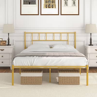 VECELO Victorian Style 14 Inch Metal Platform Bed Frame with Headboard, Heavy Duty Steel Slat Support, No Box Spring Needed