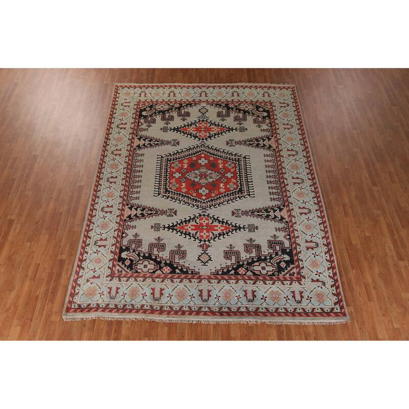 Hand Knotted Oriental 100% Wool Carpet Traditional Geometric Greys & Charcoal Viss Area Rug - 11' 10'' X 8' 10''