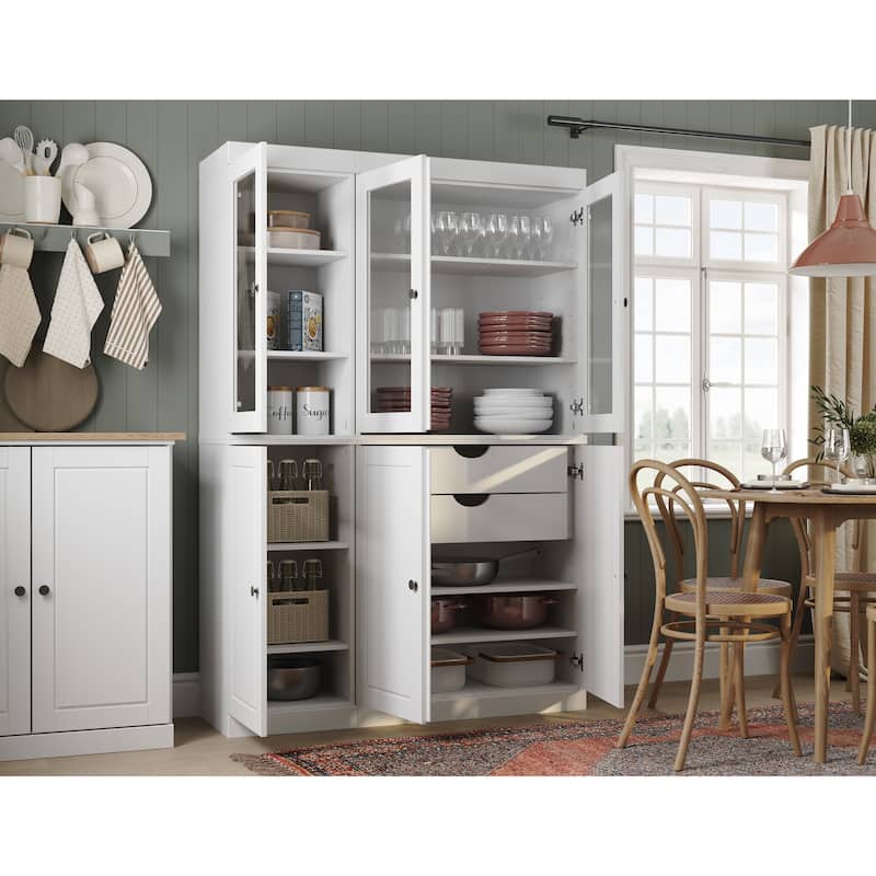 Palace Imports 100% Solid Wood China Pantry with Glass or Solid Wood Doors and 2-Drawers - 48.5" x 71.5" - White - Clear Glass-Solid
