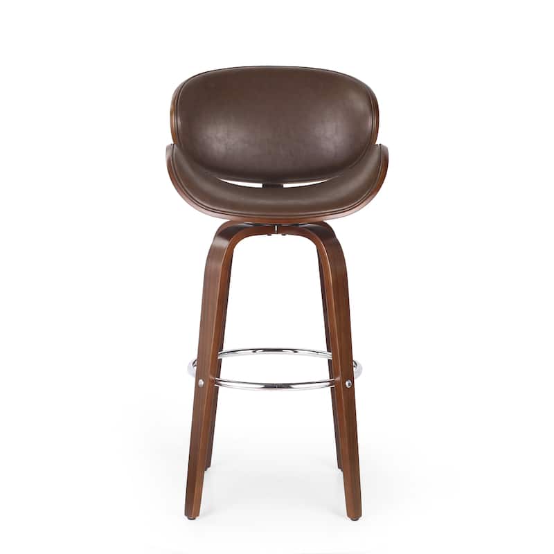 Mid Century Modern Bar Stool Brown PU Swivel Seat Bentwood Frame Chrome Footrest 30 Inch Bar Height