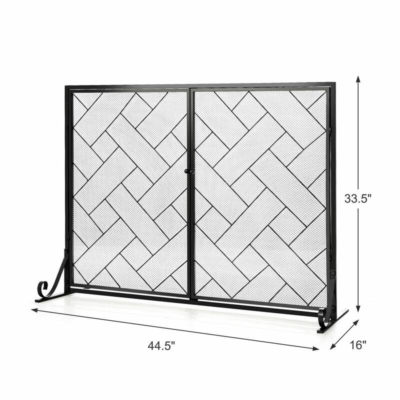 3-Panel Folding Wrought Iron Fireplace Screen with Doors and 4 Pieces Tools Set - 44.5" x 16" x 33.5" (L x W x H)
