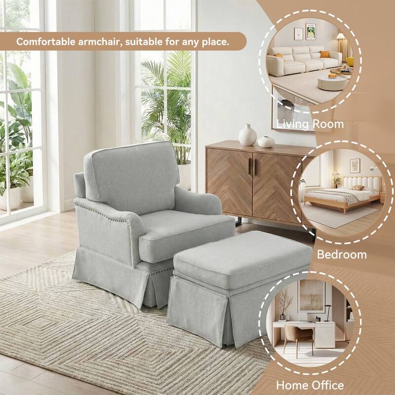 Chenille Swivel Accent Chair Storage Ottoman Set with Nailhead Trim Skirt