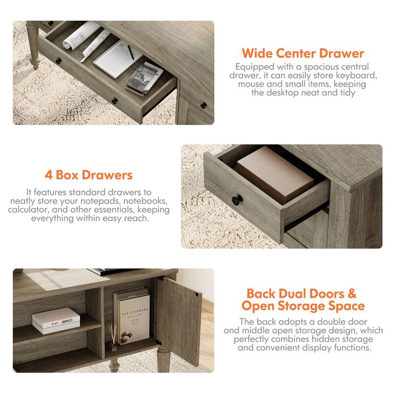 56'' Farmhouse Executive Desk with Drawers White/Oak - 5 Drawers and 2 Doors