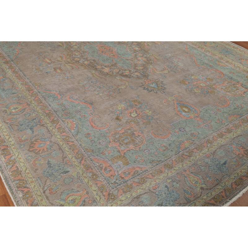 Distressed Gray Tabriz Persian Vintage Area Rug Handmade Wool Carpet - 8'8"x 12'0"