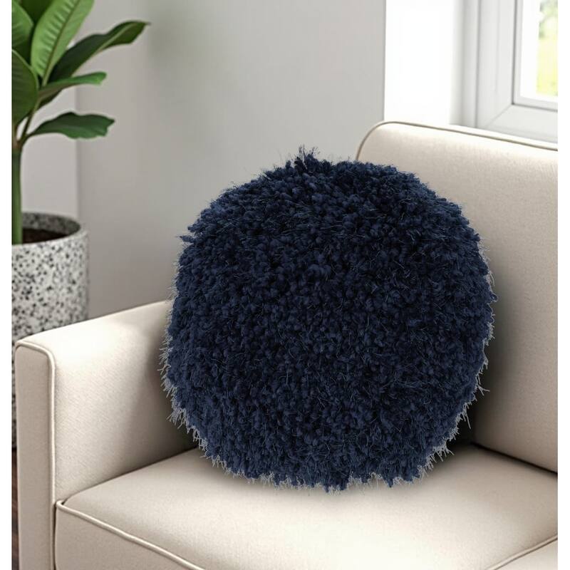 HomeRoots 14" X 14" Navy Blue Round Shag Throw Pillow - Accent - Polyester