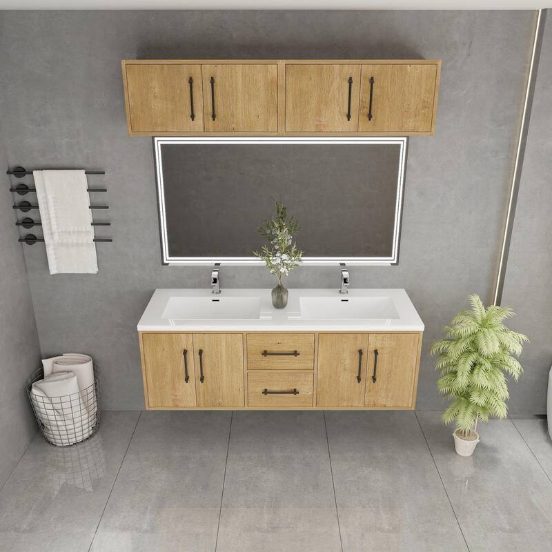 Victoria 60'' Wall-Mounted Double Sink Vanity Set with LED light Top Cabinet